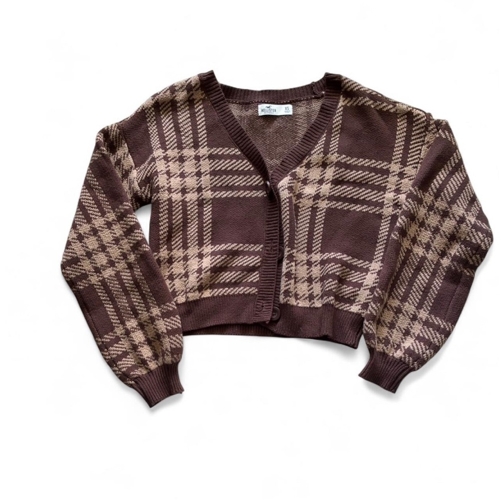 Hollister Plaid V-Neck Cardigan in Brown